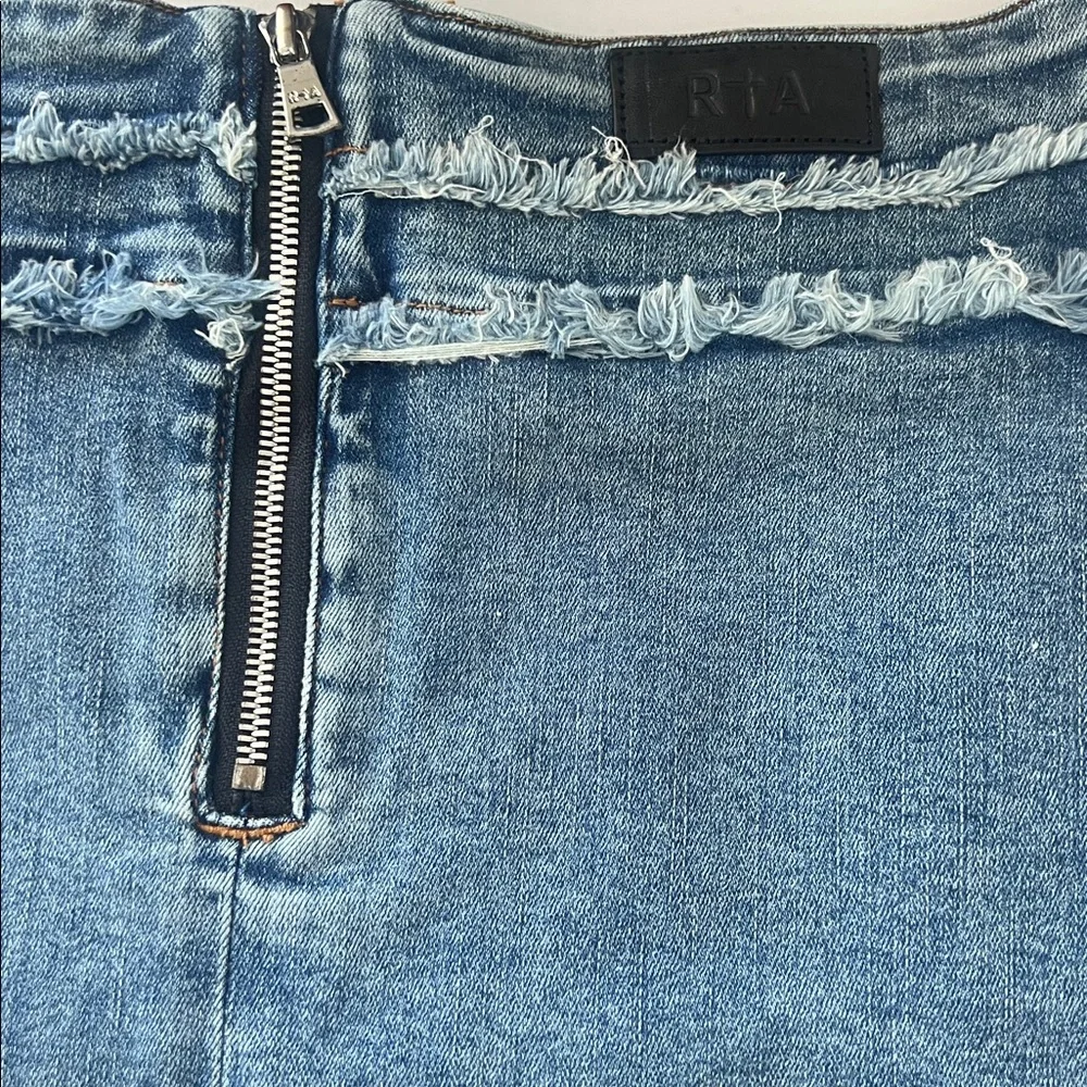 RTA Denim Faux Wrap Mini Skirt Cargo Pocket Frayed Hem Blue Size Small NWT
